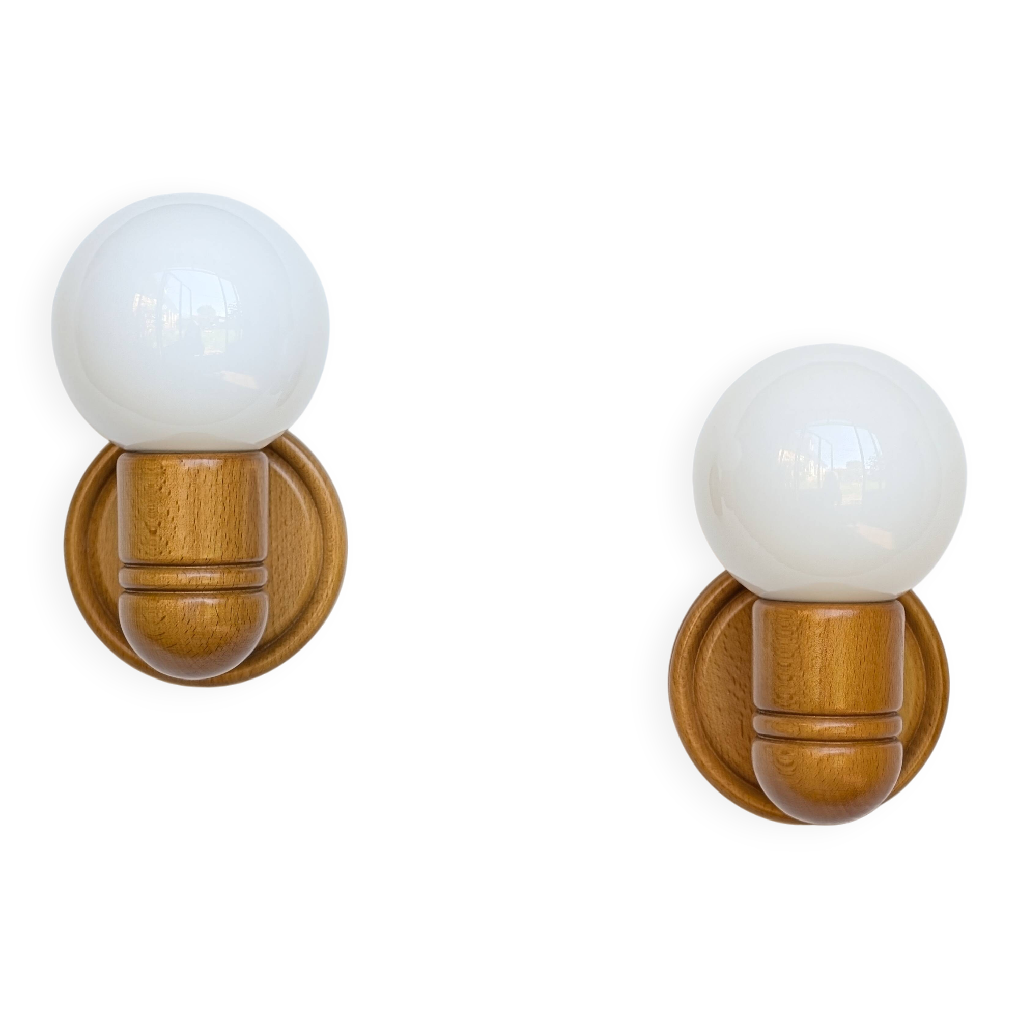 Pair of pine and opaline wall lights