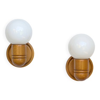 Pair of pine and opaline wall lights