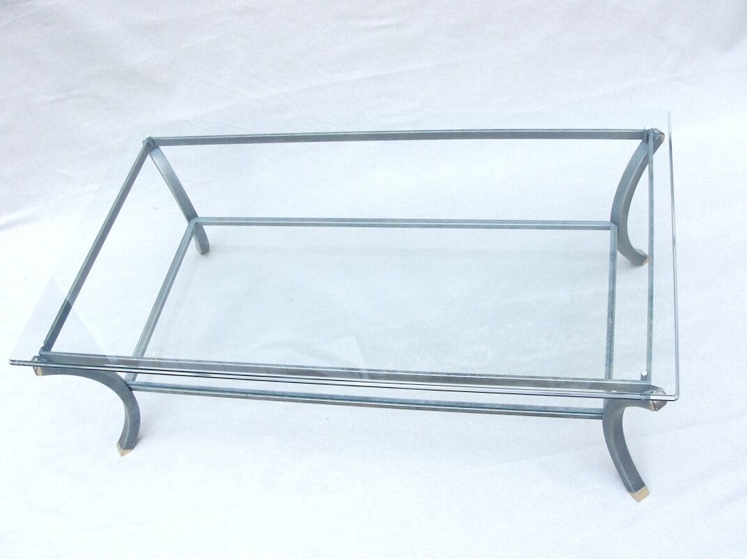 Vintage coffee table, metal and glass, Pierre Vandel