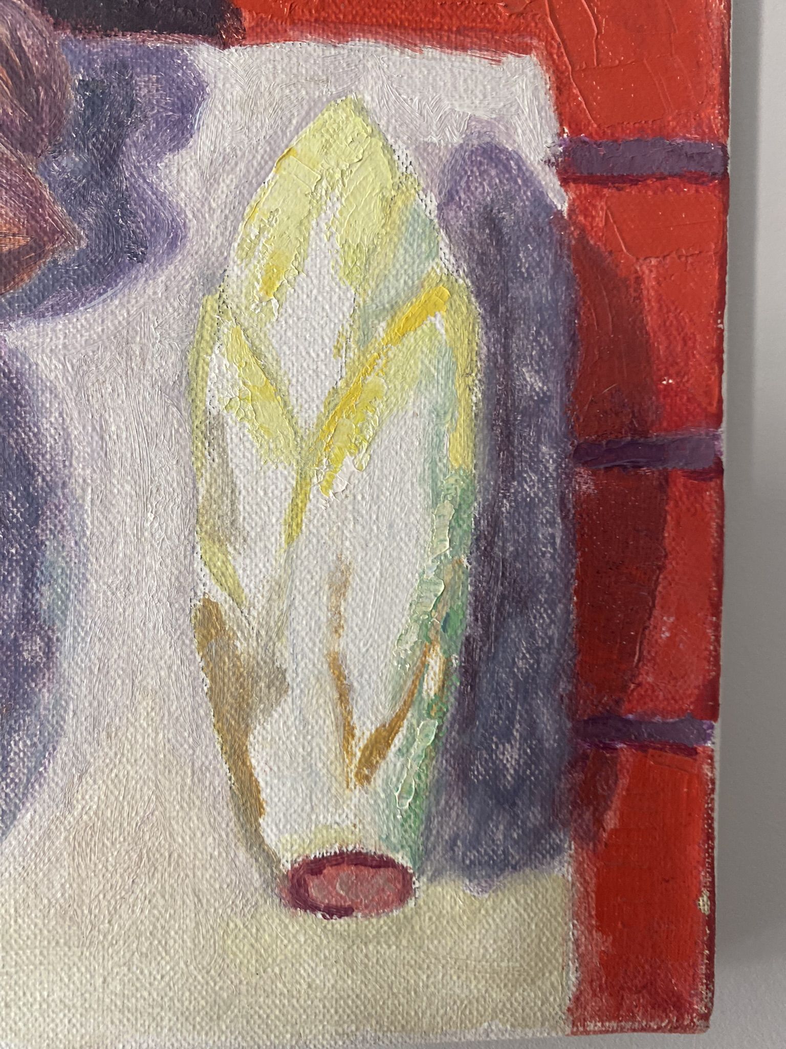 Old painting, still life with endive nuts and sausages, signed and dated 80