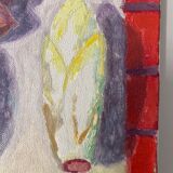 Old painting, still life with endive nuts and sausages, signed and dated 80