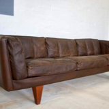 Vintage danish mid-century 3 person brown leather sofa by illum wikkelsø model v11