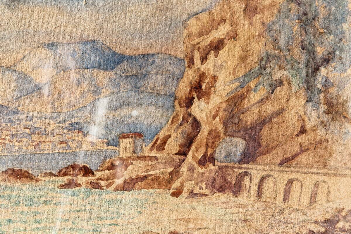 Signed watercolor, red rocks of Menton