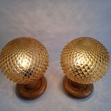 Pair of Mid-Century Table Lamps with Amber Glass and Wooden Base