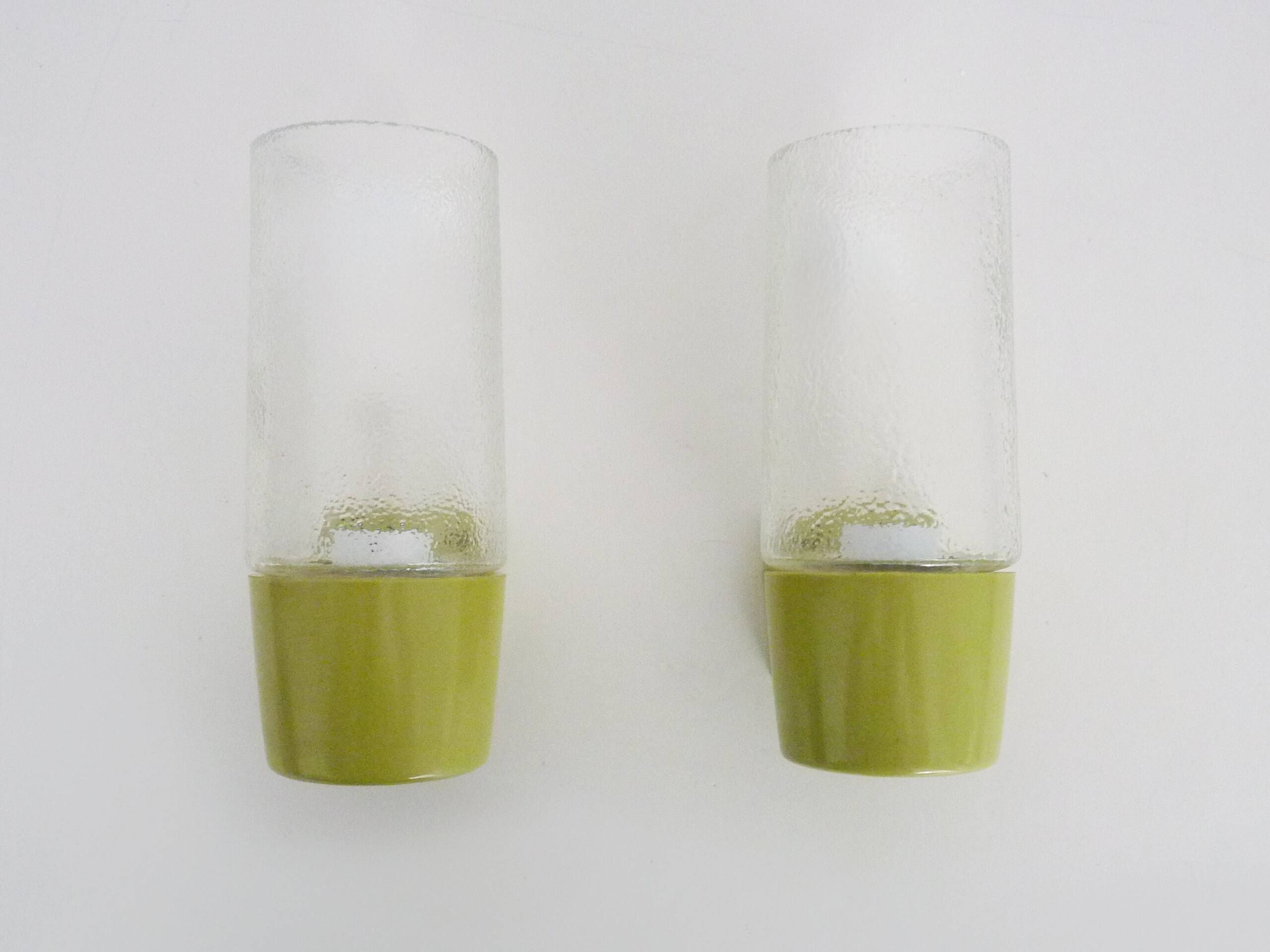 Pair of vintage pop wall lights in pastel green PVC and glass globe. 70s