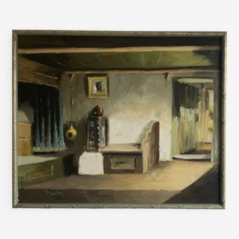 Huile sur toile vintage danoise par Borch « intérieur de salon antique »