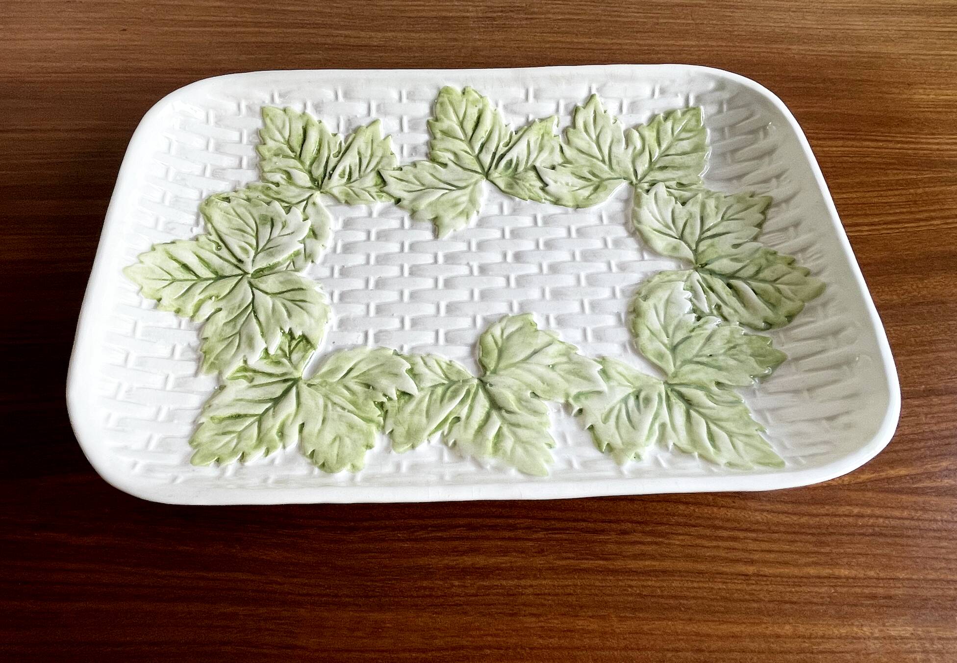 French Barbotine Majolica Serving Platter with Vine Leaf and Basket Weave Motif