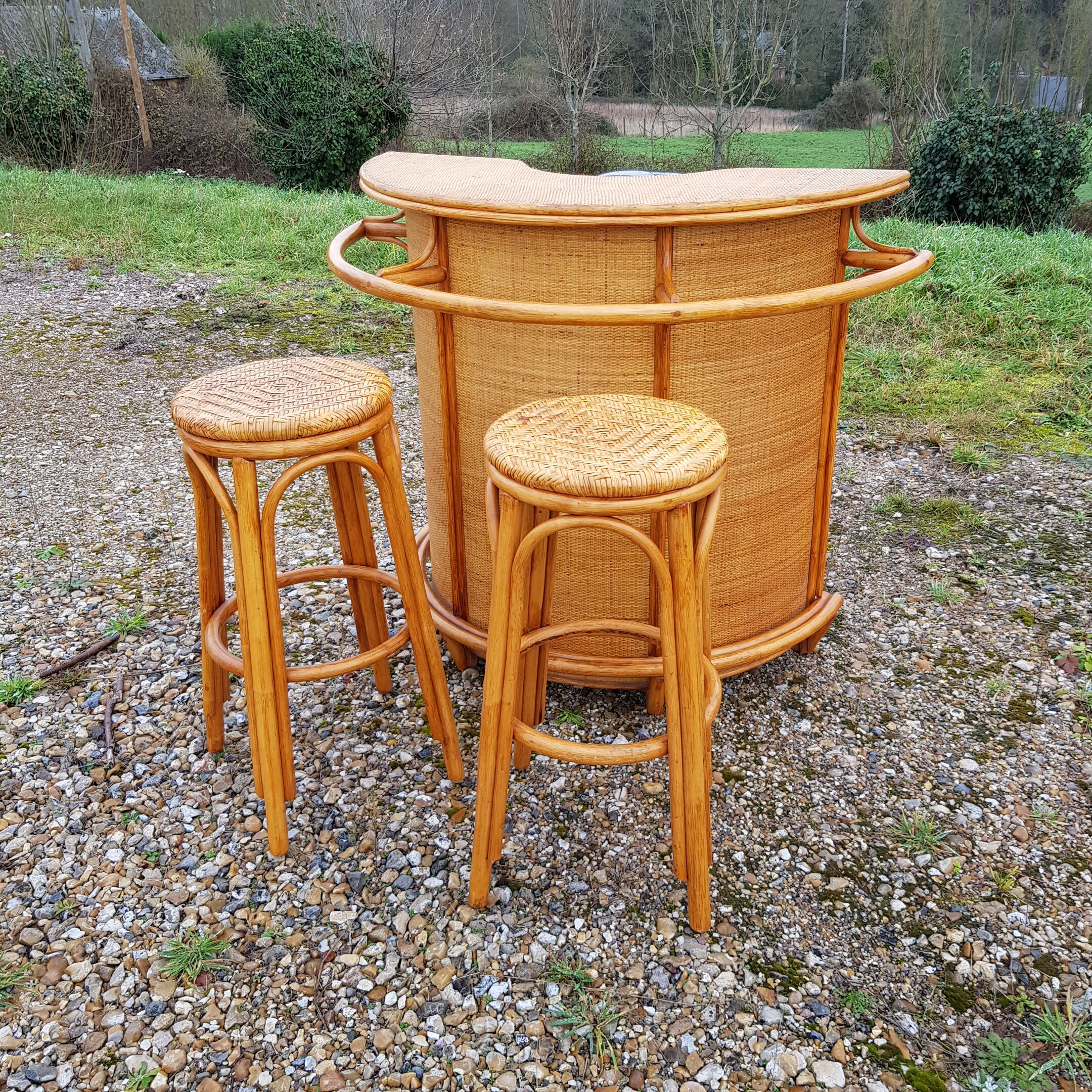 Vintage bamboo and rattan bar and pair of high stools