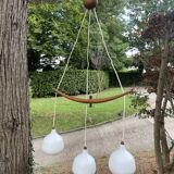 Scandinavian triple pendant light in Opaline and oak by Uno & Östen Kristiansson.
