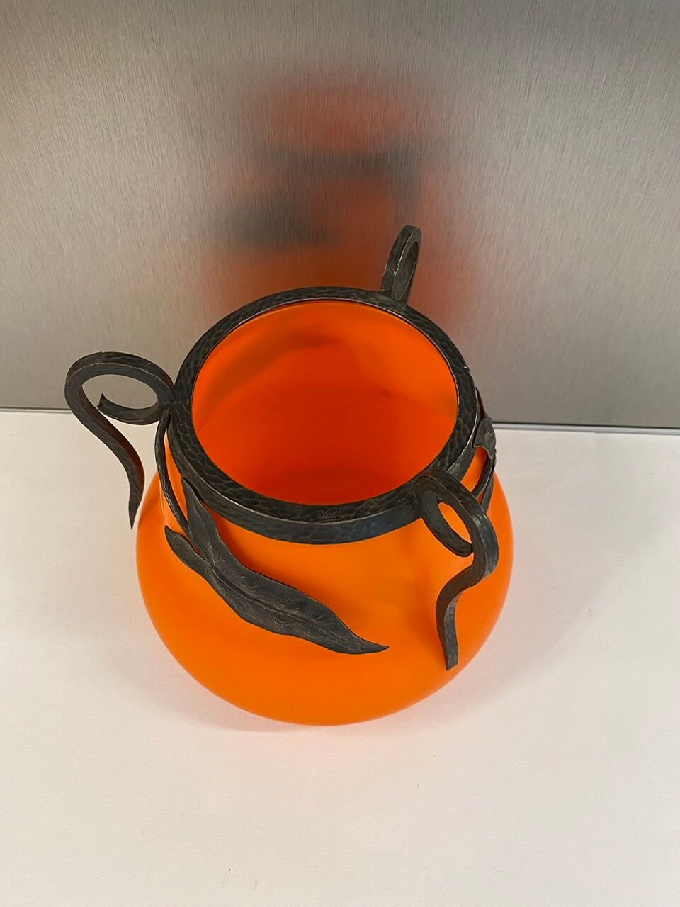 Orange glass vase, signed Val, 30s/40s