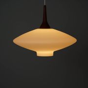 Danish Vintage UFO Lamp in Opal Glass and Teak 1960s