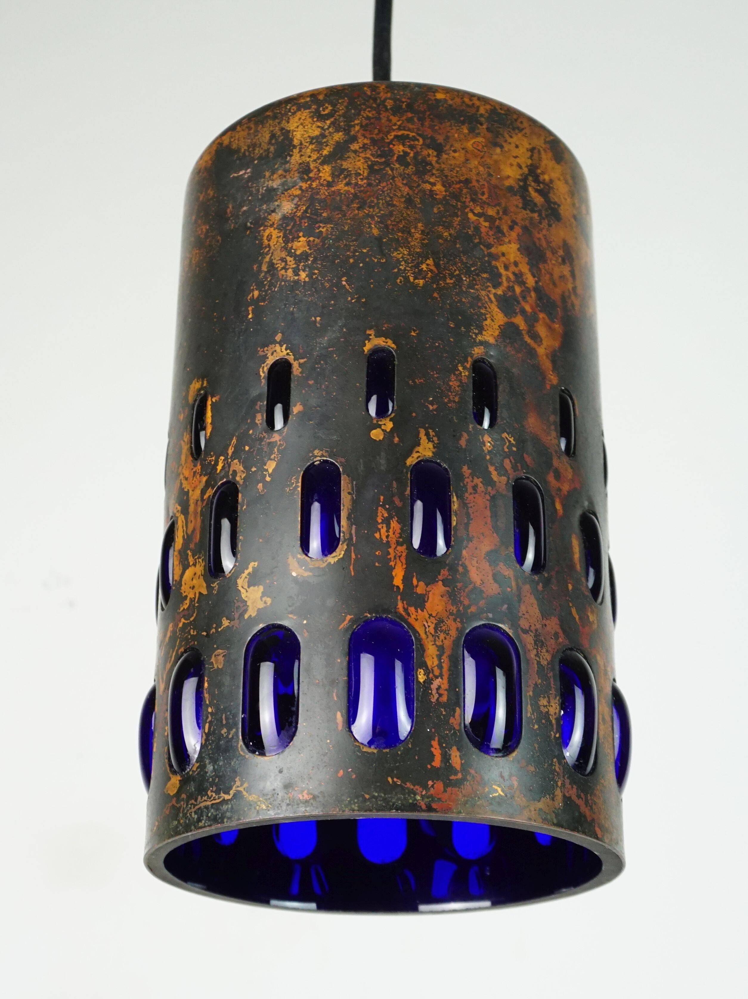 mid century modern PENDANT LAMP flamed copper and blue glass 1960s
