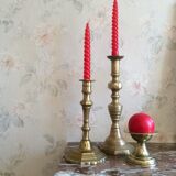 Set of 3 old candle holders in golden brass