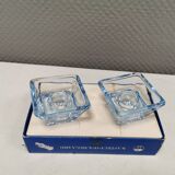 Two candleholders in turquoise/tranparent glass from Danish Kastrup-Holmegaard glassworks 1965-72