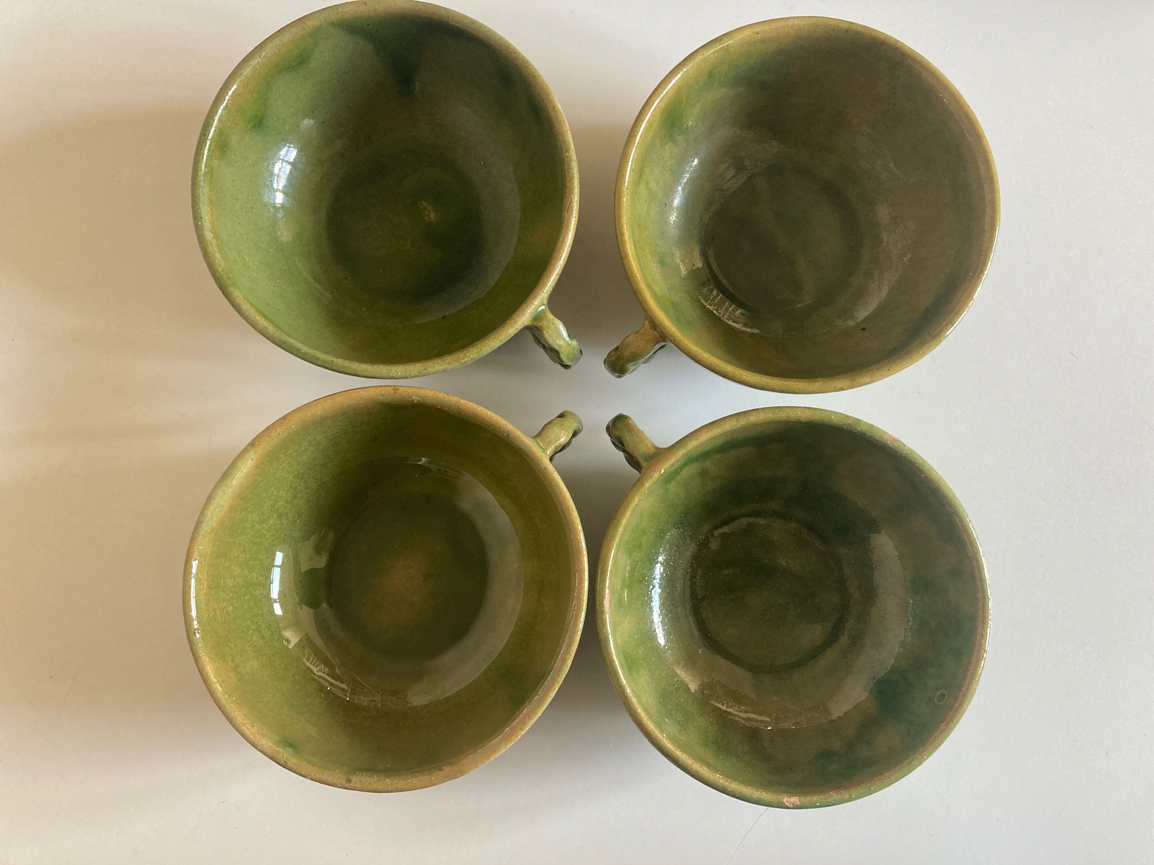 Set of 4 cups with starters or dessert in glazed earth of Biot green 1960