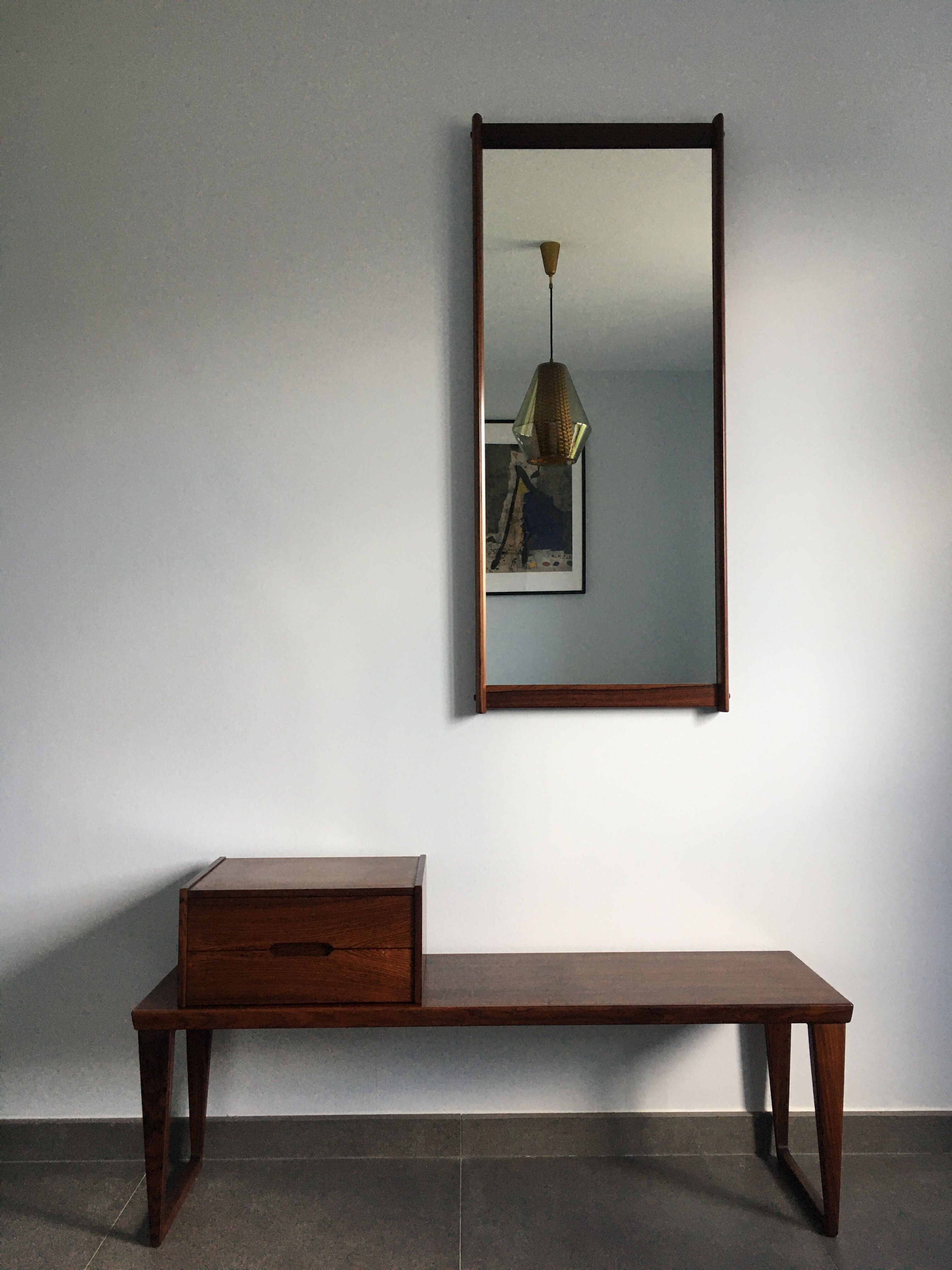 Scandinavian rosewood mirror and bench by Aksel Kjersgaard 60s