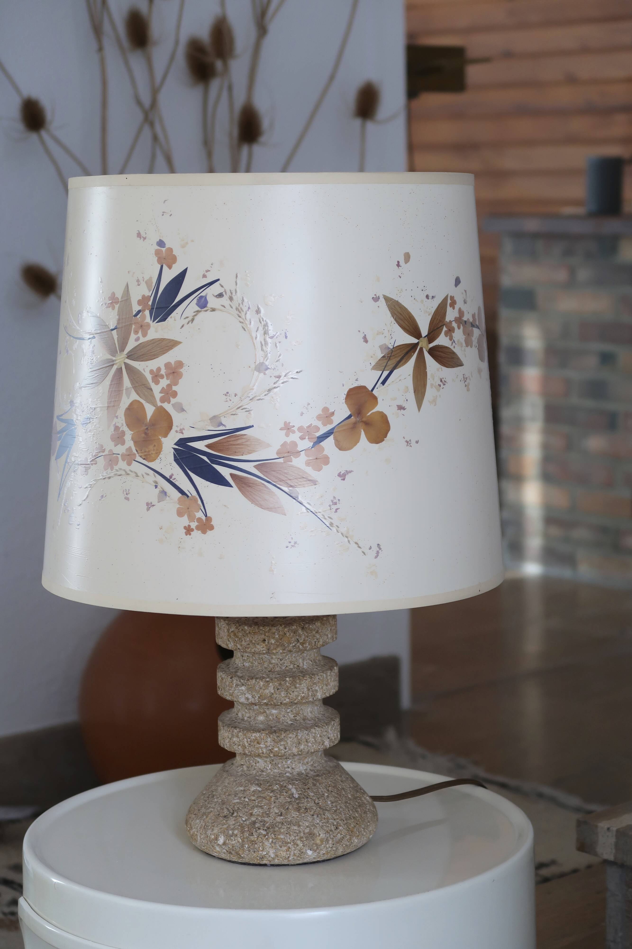 Stone lamp, herbarium lampshade, 60s