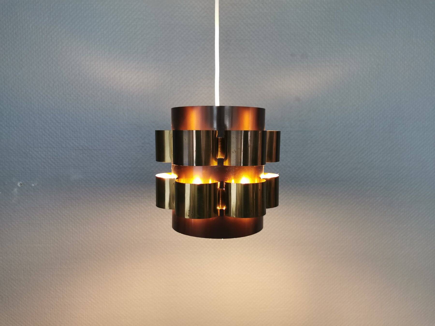 Danish cylindrical hanging lamp in brown and gold 1980s