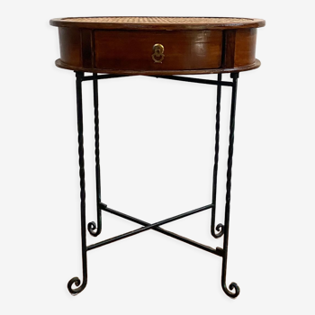 Table d’appoint, guéridon en bois ancien et cannage