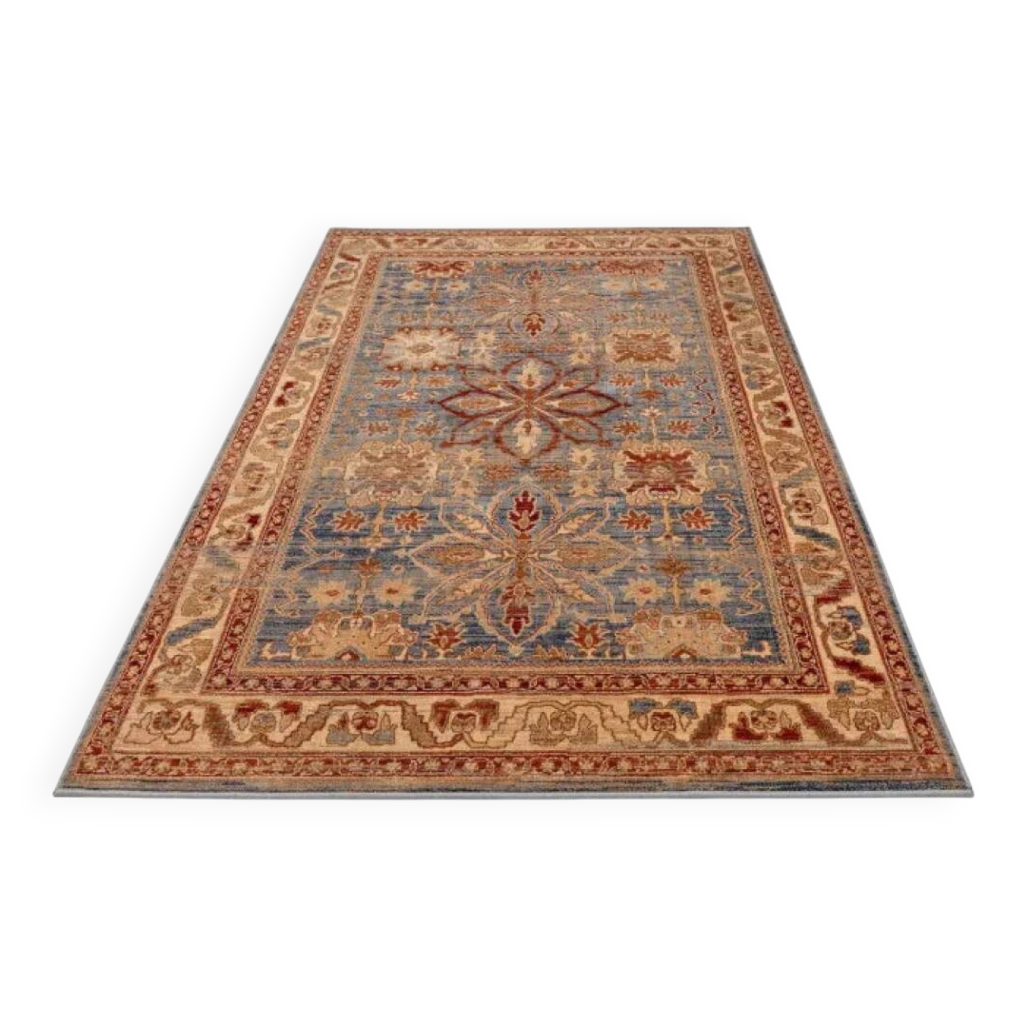 Beige, blue, red oriental rug.