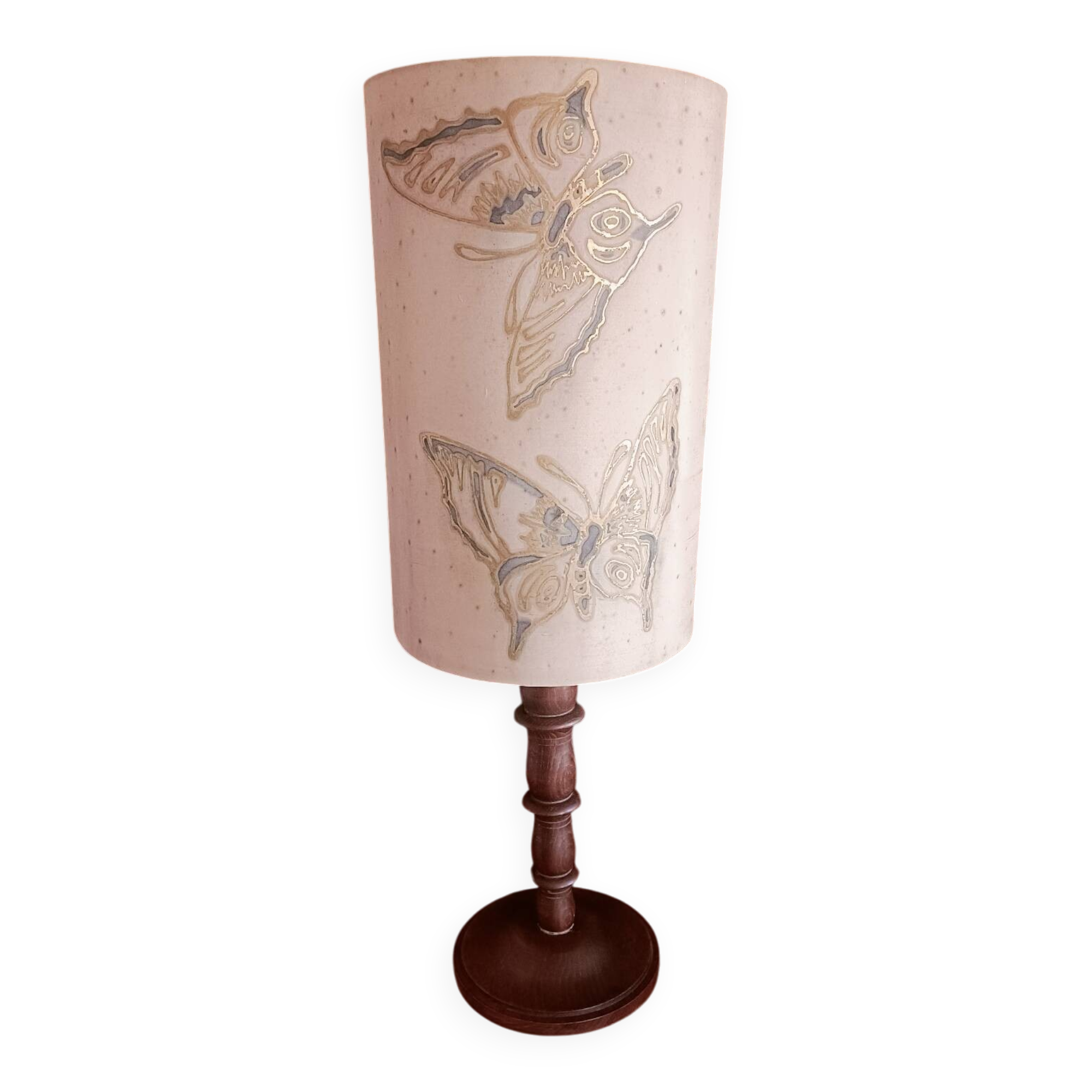 Turned wood lamp and silk lampshade