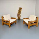 Set of 2 armchairs in solid pine with boucle fabric, 1970s Scandinavian design.