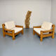 Set of 2 armchairs in solid pine with boucle fabric, 1970s Scandinavian design.
