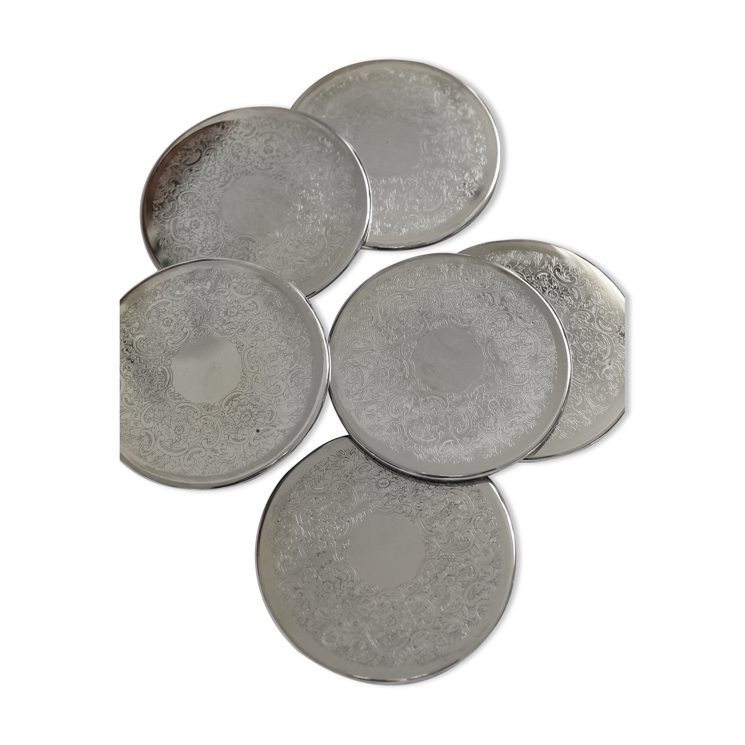 6 vintage chiseled silver metal coasters