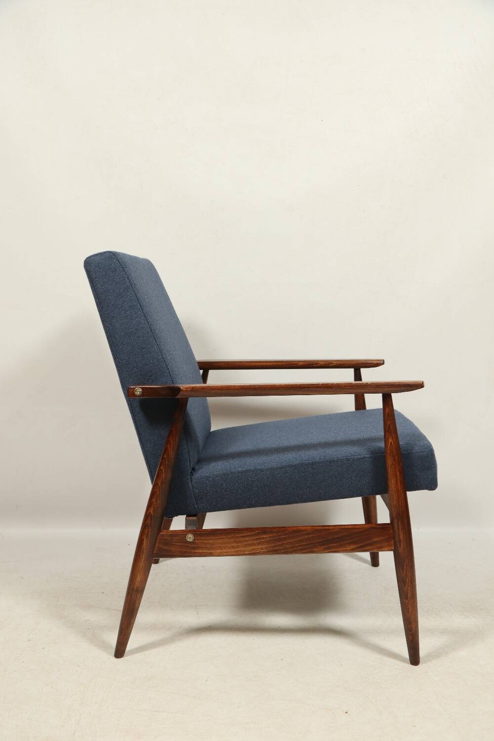 Scandinavian armchair navy blue natural wool dark brown wood design by H.Lis