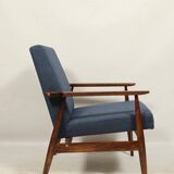 Scandinavian armchair navy blue natural wool dark brown wood design by H.Lis