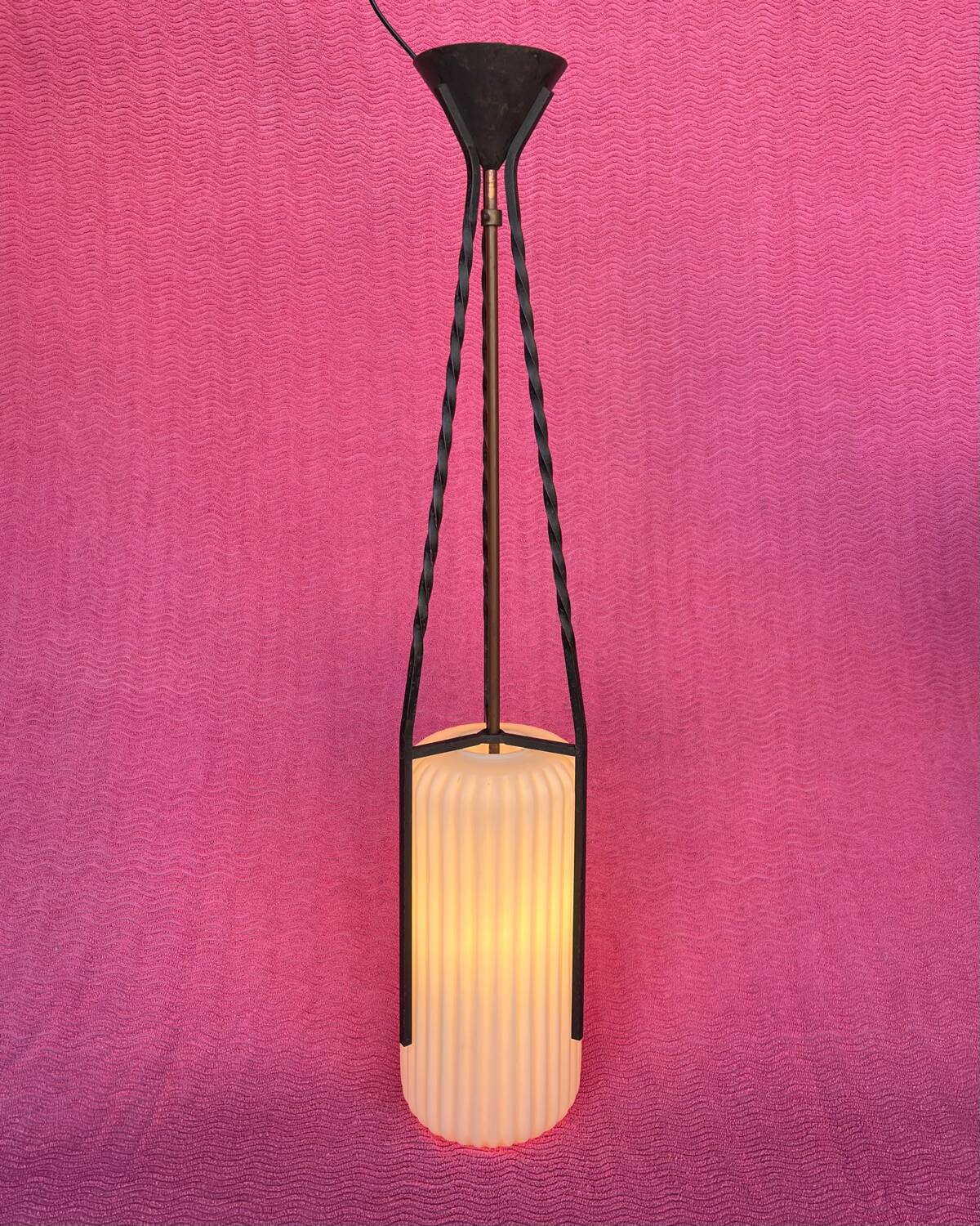 LAMP/IRON SUSPENSION FORGED OPAQUE WHITE GLASS CYLINDRICAL TUBE