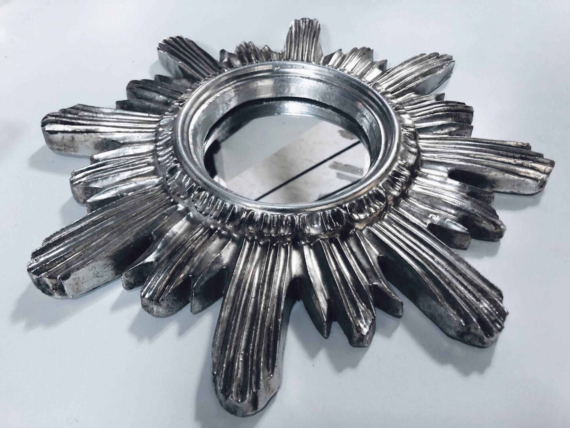 Wall Sun Mirror • Large Model • Carved Wood • Silver • 1960-70