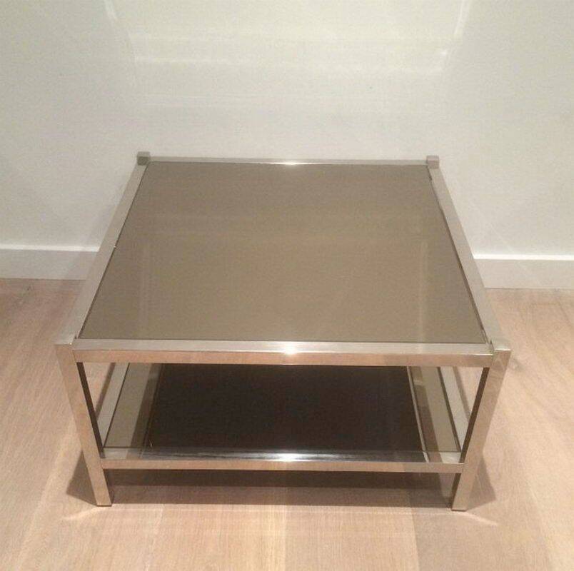 Pair of large side tables in chrome and bronze mirrors