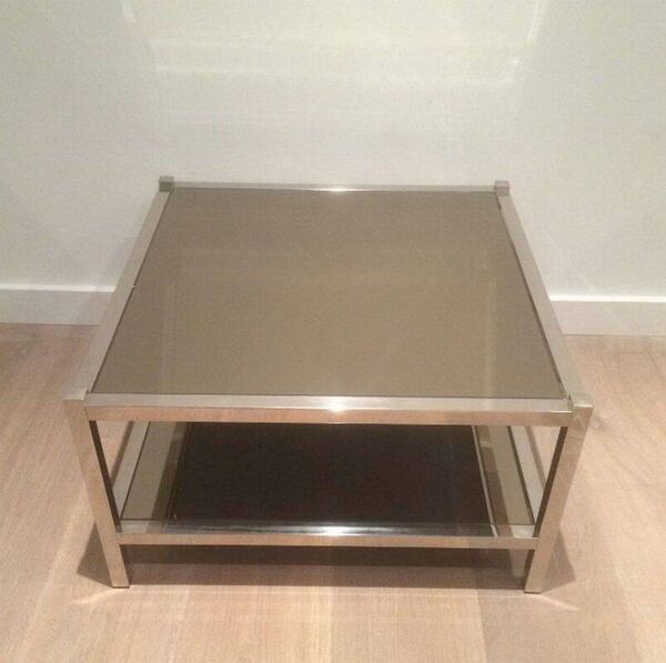 Paire de grands bouts de canapé en chrome et miroirs bronze