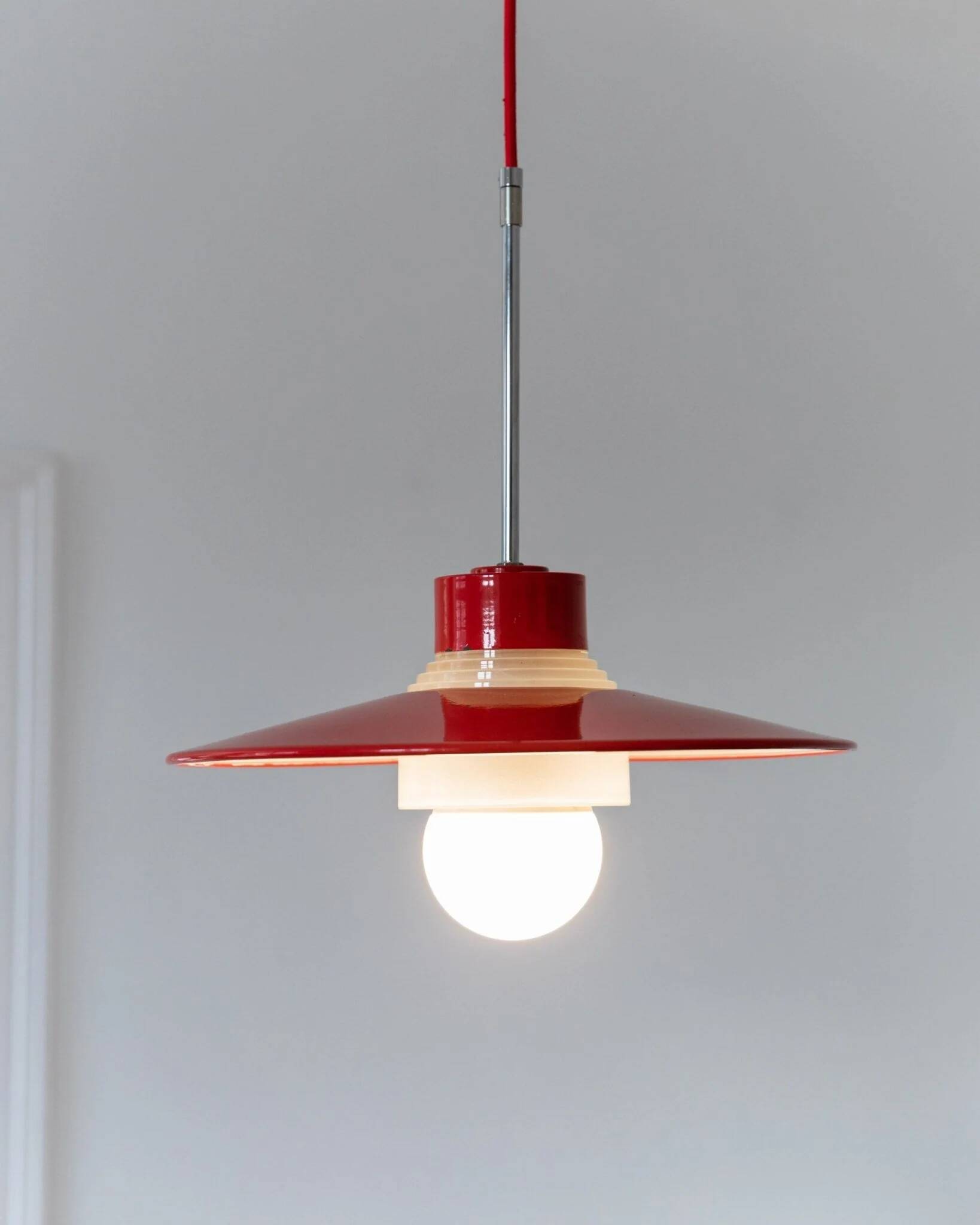 Red metal and glass Danish ceiling light, mid-century Memphis-inspired pendant with opal globe