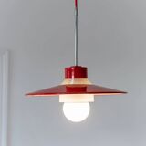 Red metal and glass Danish ceiling light, mid-century Memphis-inspired pendant with opal globe