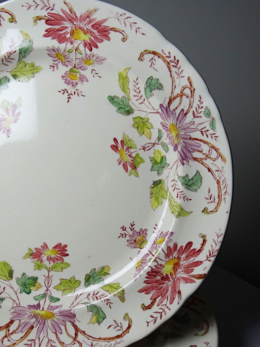 4 antique dessert plates Longchamp Daisies ironstone polychrome