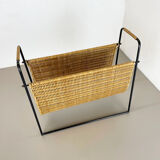 Aubock Style Mid-Century Rattan Bauhaus Magazine Holder, France, 1950s