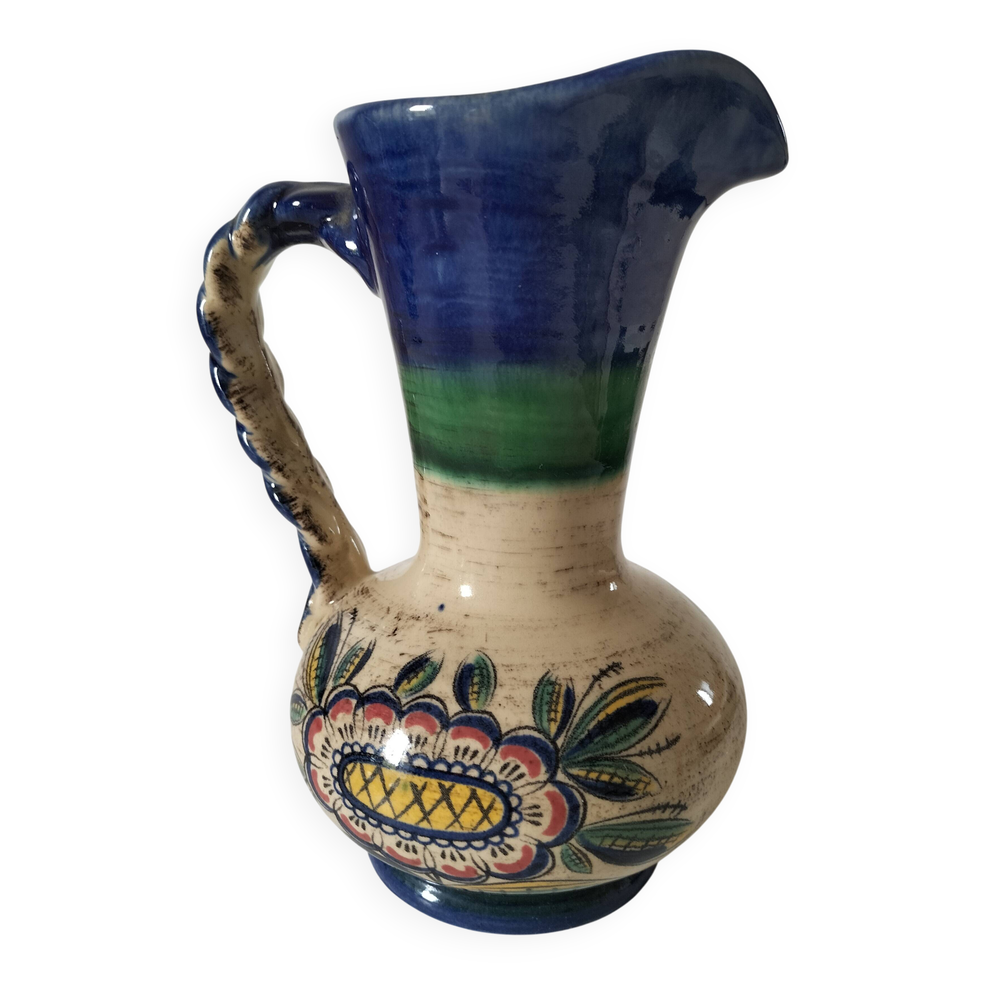 Earthenware pitcher with rustic floral decoration – 1950s-1970s