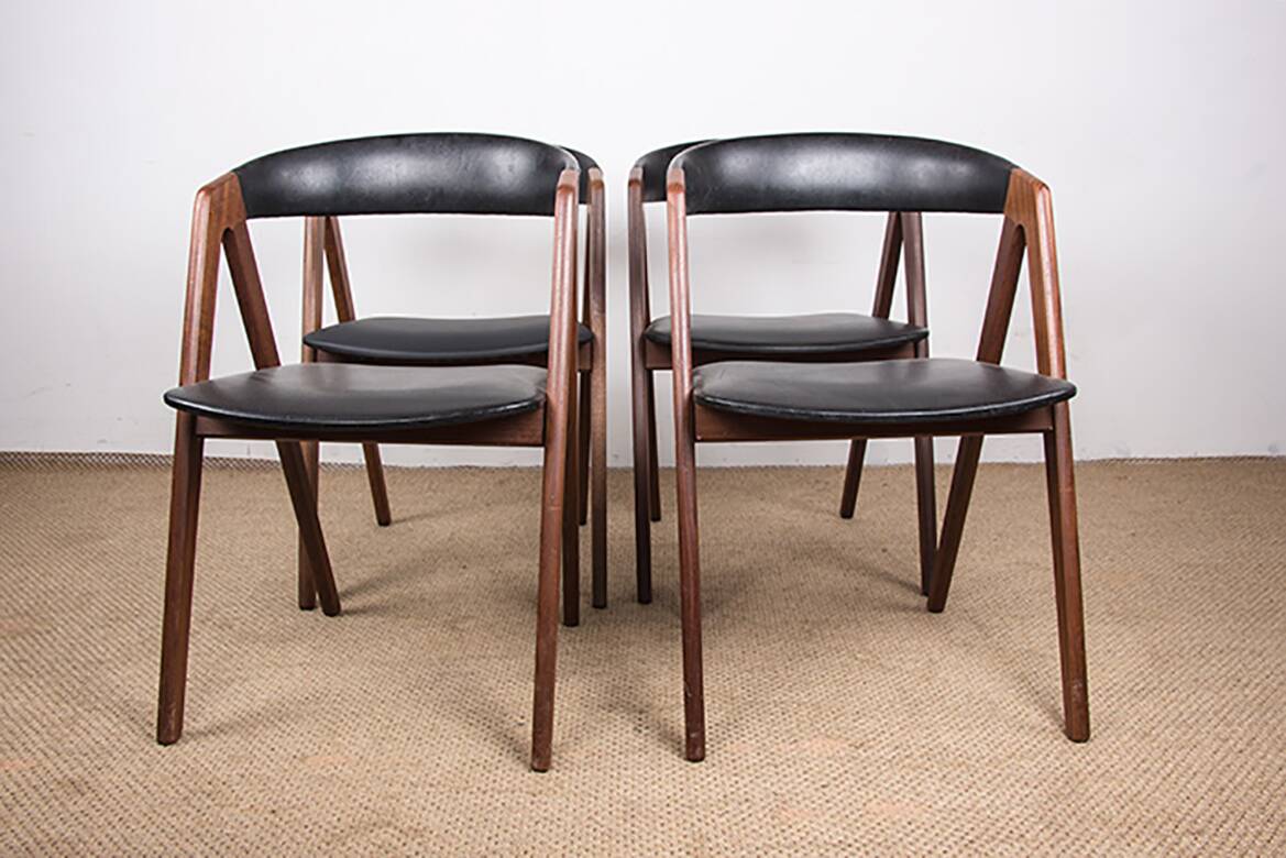 4 Danish chairs in Afromosia and skai model 205 by Thomas Harlev