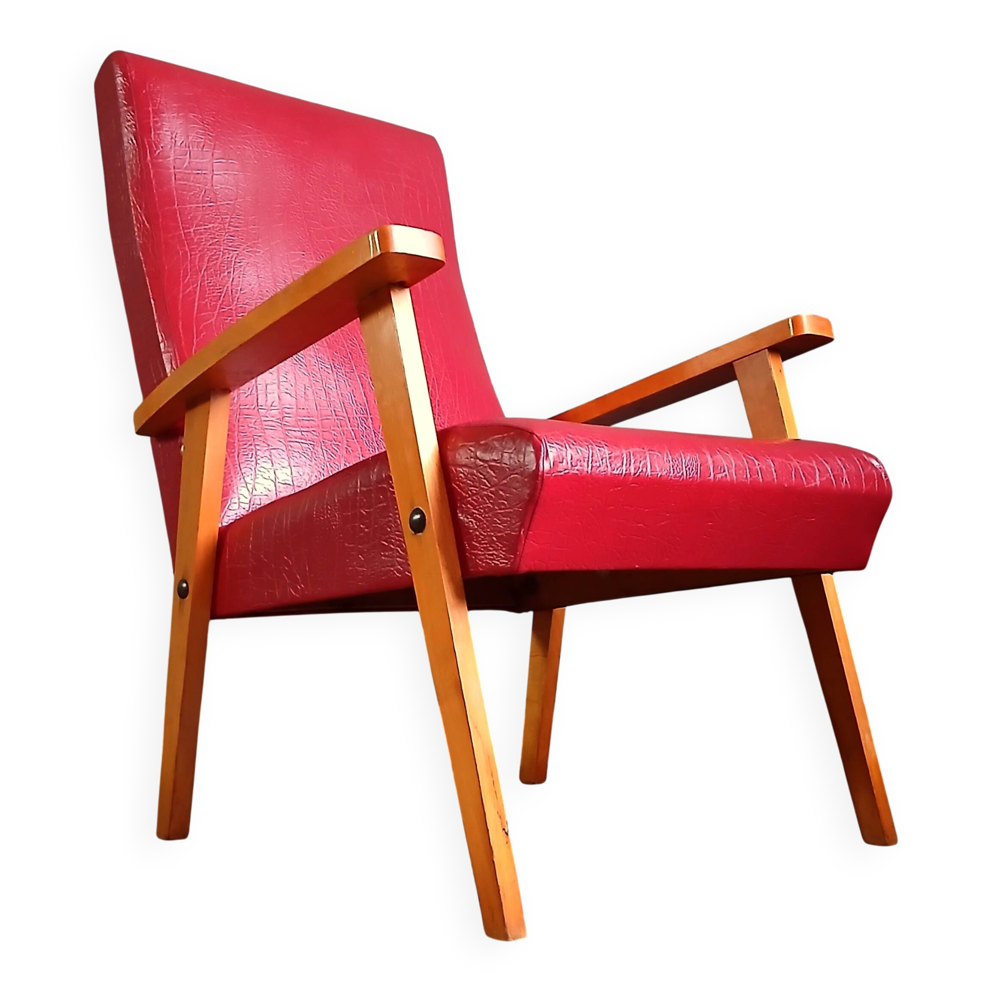 Compass leg armchair in solid beech & red crocodile-effect faux leather
