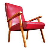 Compass leg armchair in solid beech & red crocodile-effect faux leather