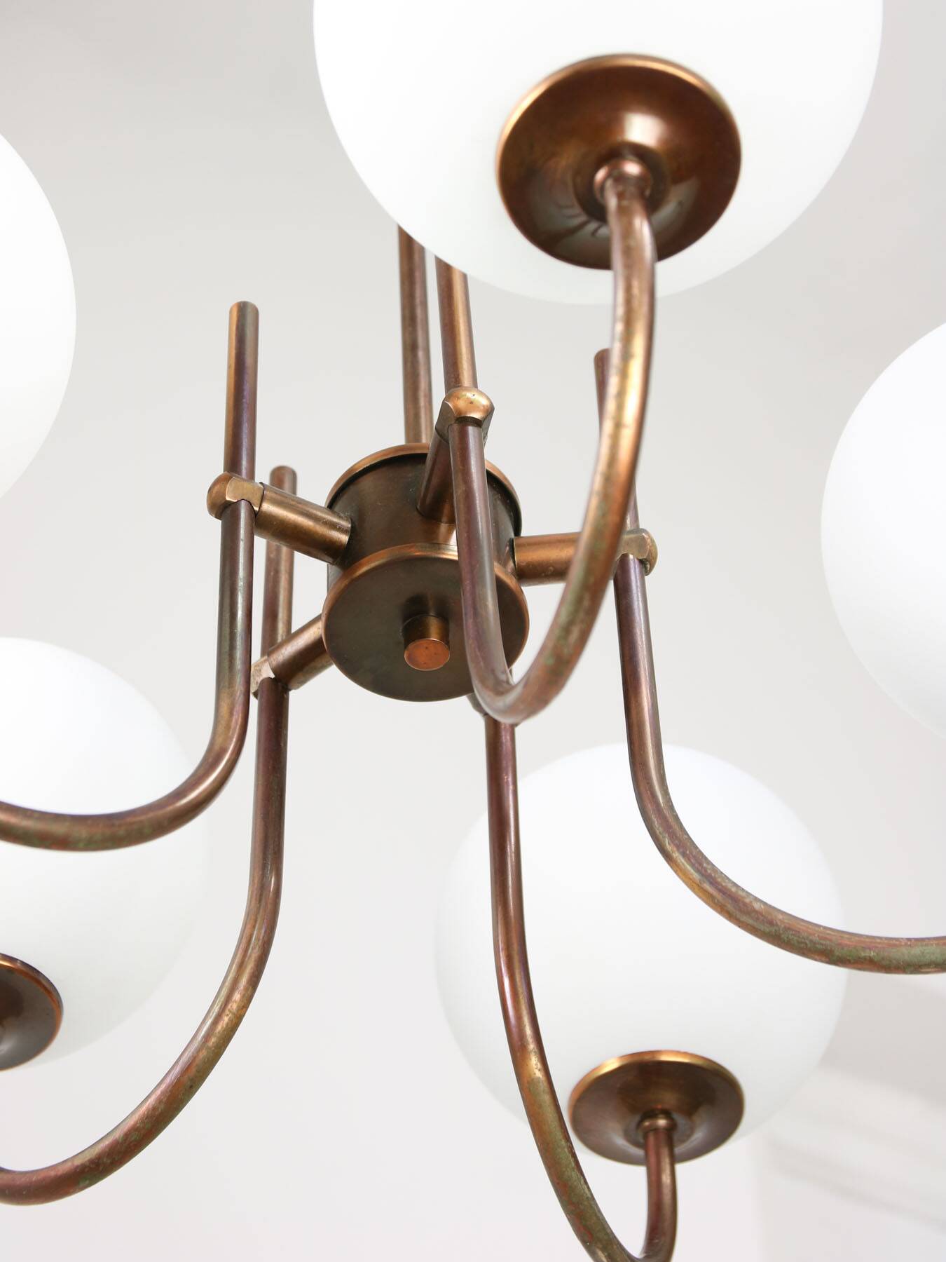 Vintage Italian Brass and Opaline Chandelier in Copper Color, 70s