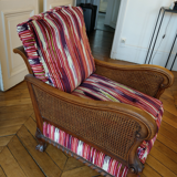 Pair of armchairs, English style, fluted backrests and armrests. Redone by tapestry maker, covered with Pierre Fry fabrics