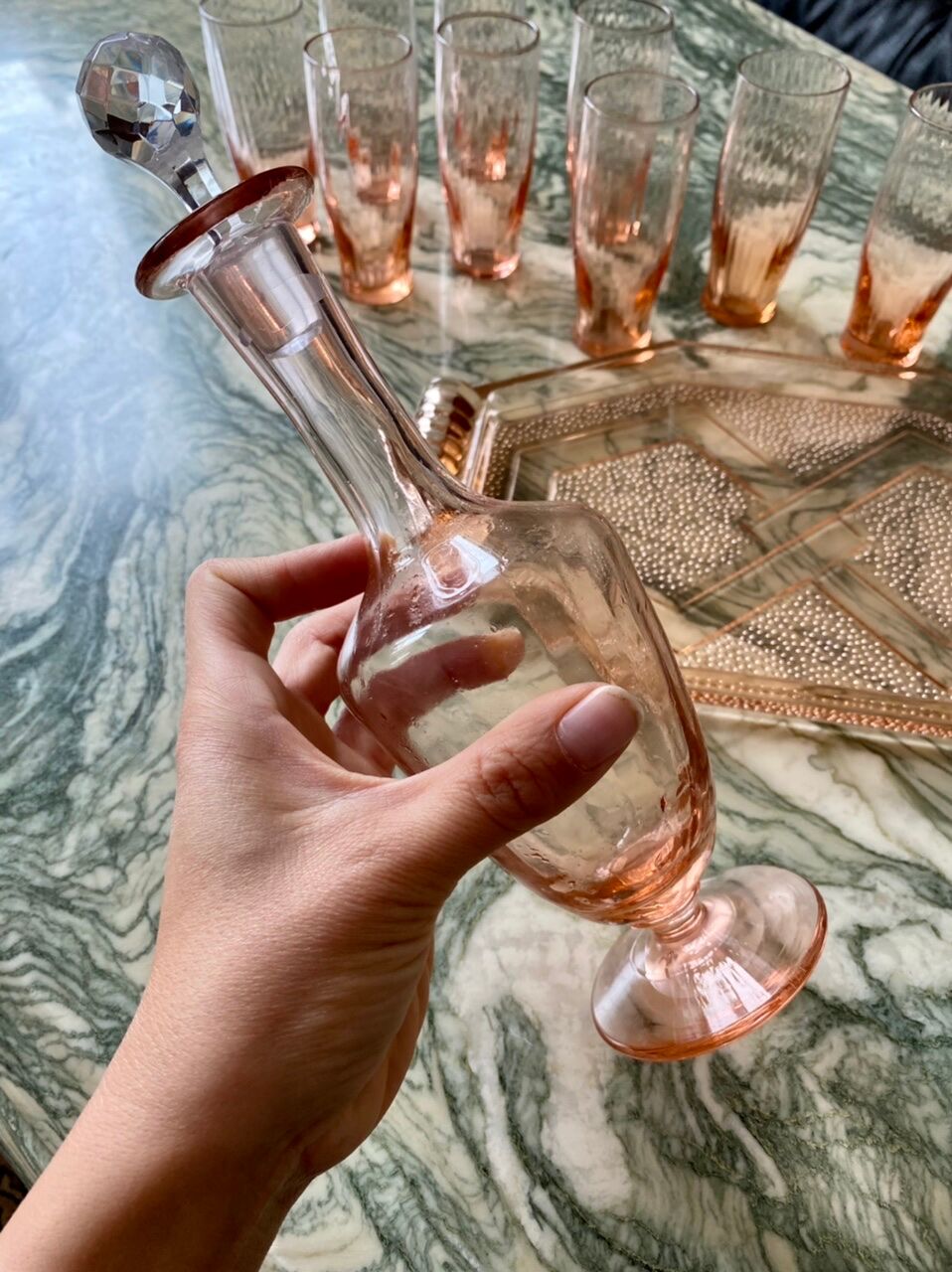 Vintage pink glass liquor service