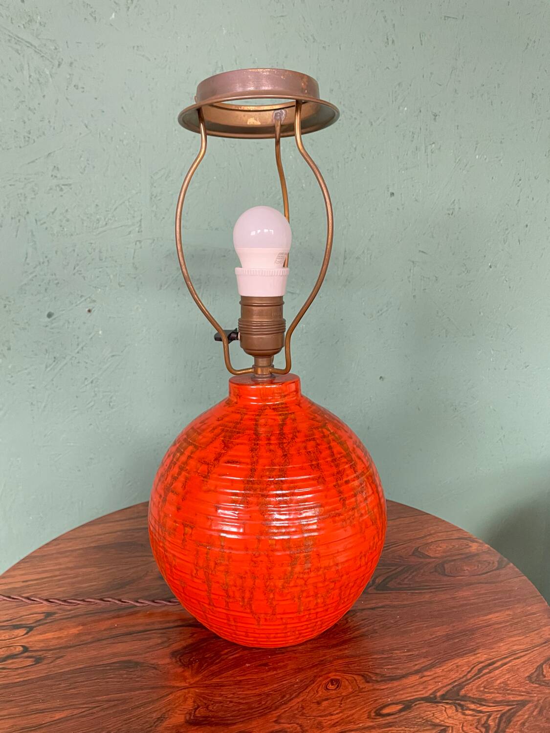Art Deco HAK Herman Kähler Pottery Lamp, c.1930s Orange Globe with Brass Details
