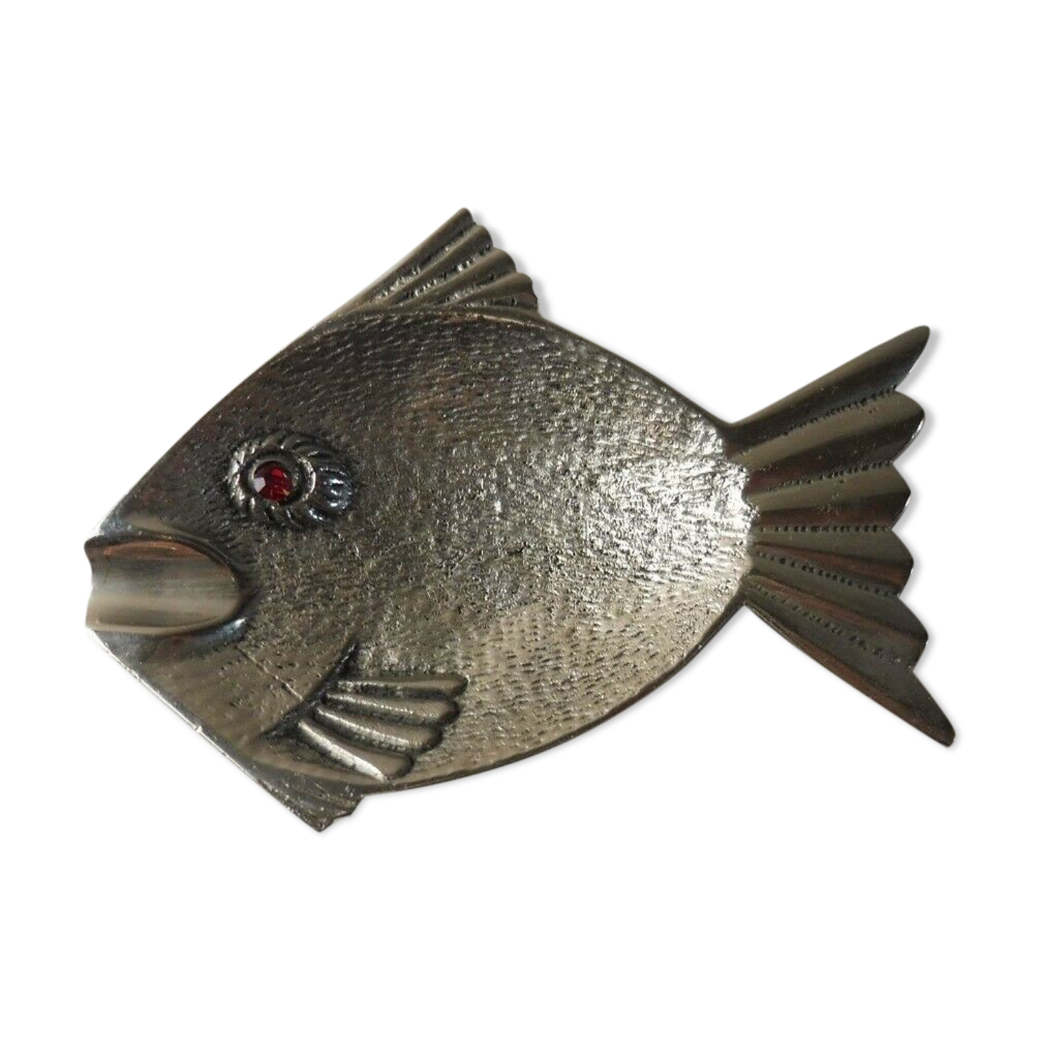 Old ashtray in silver metal, fish shape, vintage