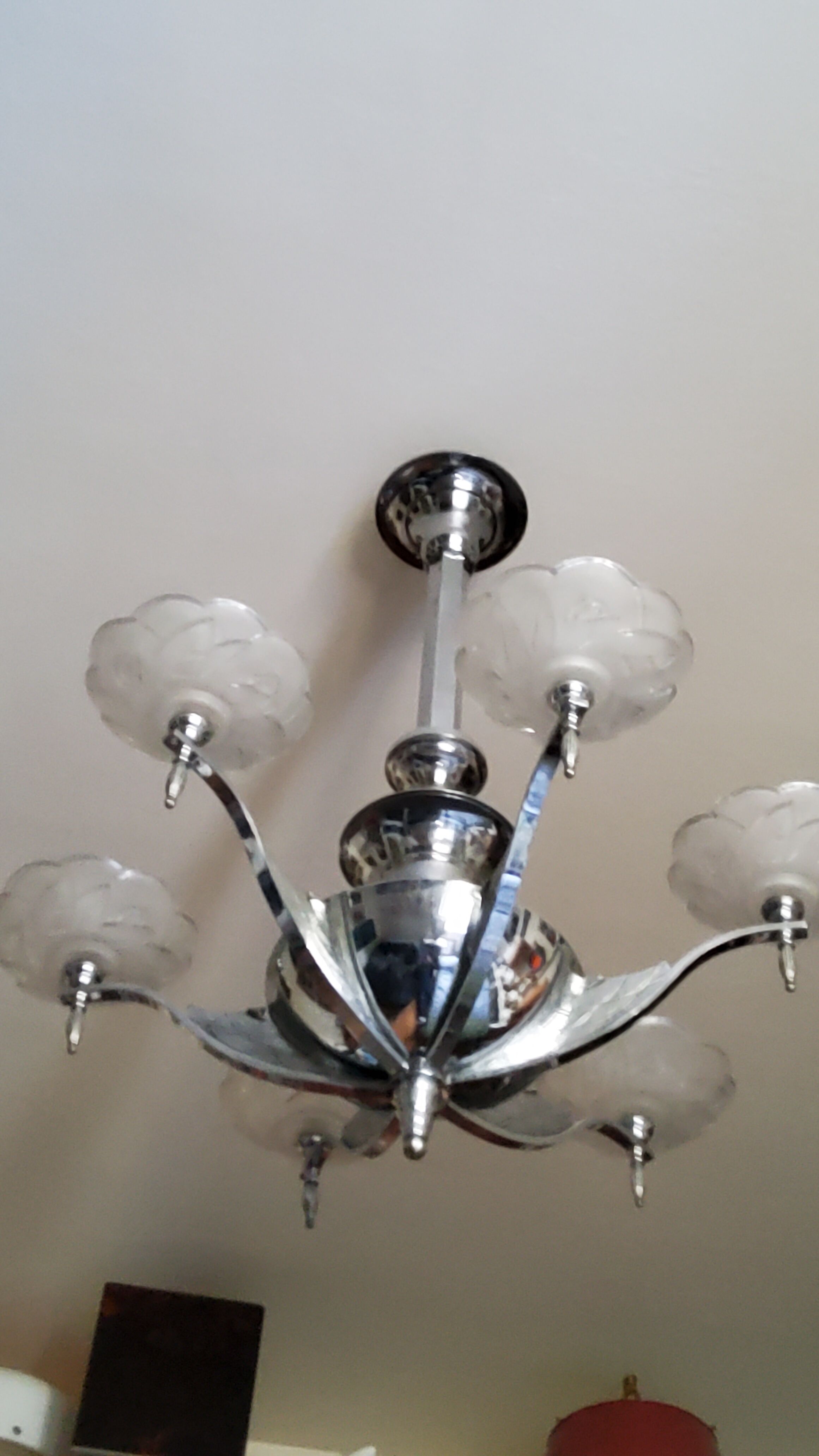 Art deco chandelier in chromed metal and glass 6 arms of lights