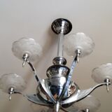 Art deco chandelier in chromed metal and glass 6 arms of lights