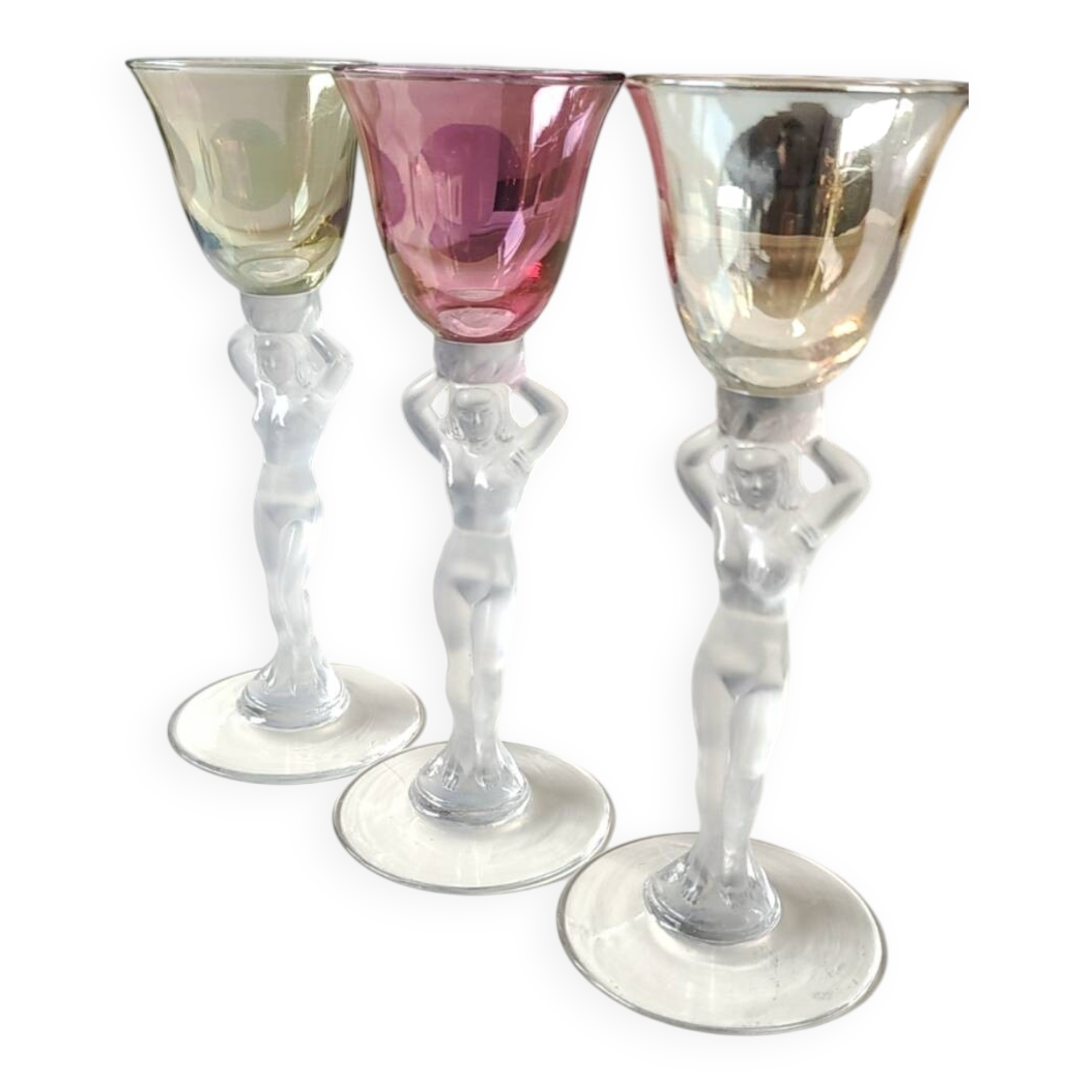 Set of 3 iridescent glasses/Caryatids/Venus base. Royal Bayel Crystal.